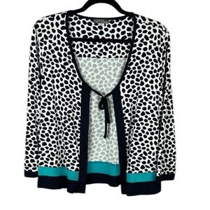 Simply Art By Dolcezza Tie Front Cardigan Topper Large Black White Blue Trim